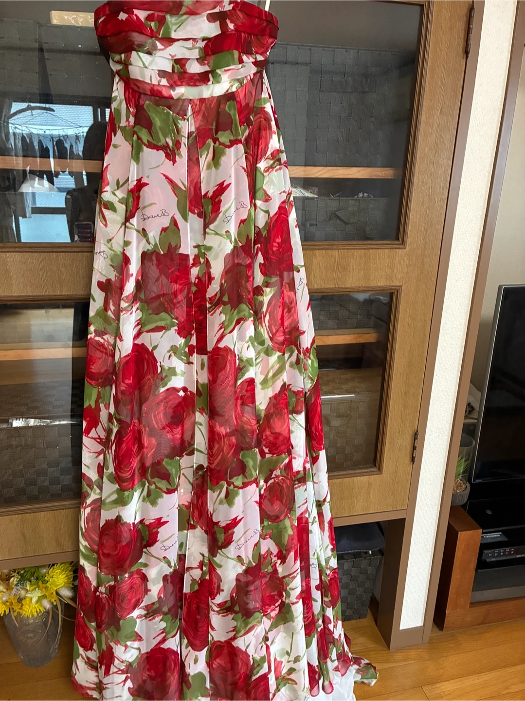 花柄ロングスカート フレア レッド