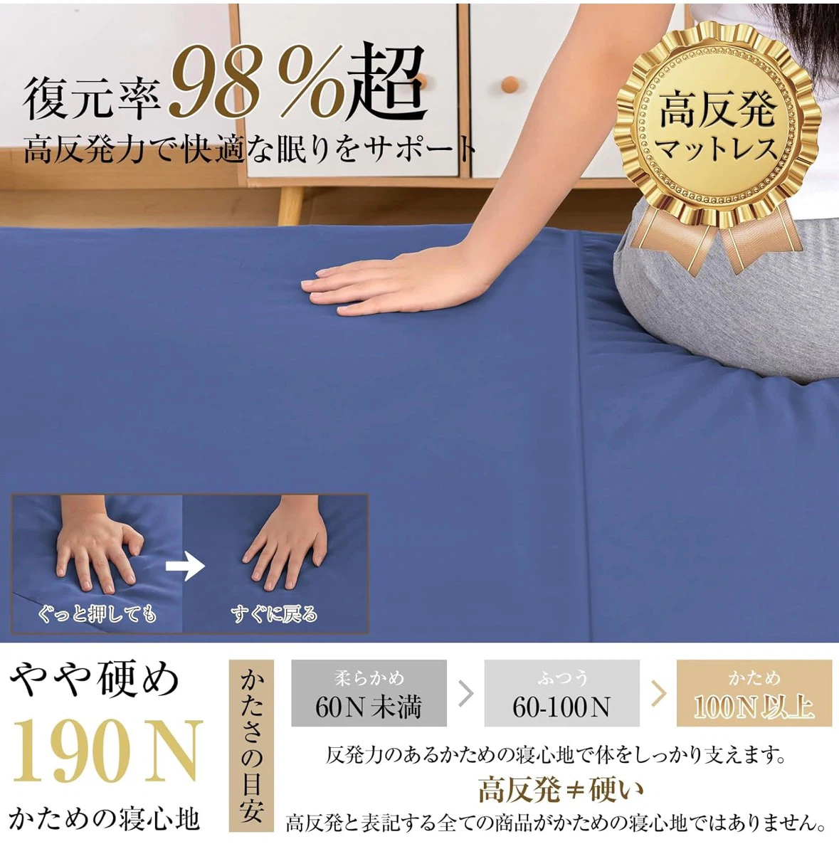 マットレス シングル 三つ折り 高密度24D 硬さ190N 極厚10cm 高反発の写真3枚目