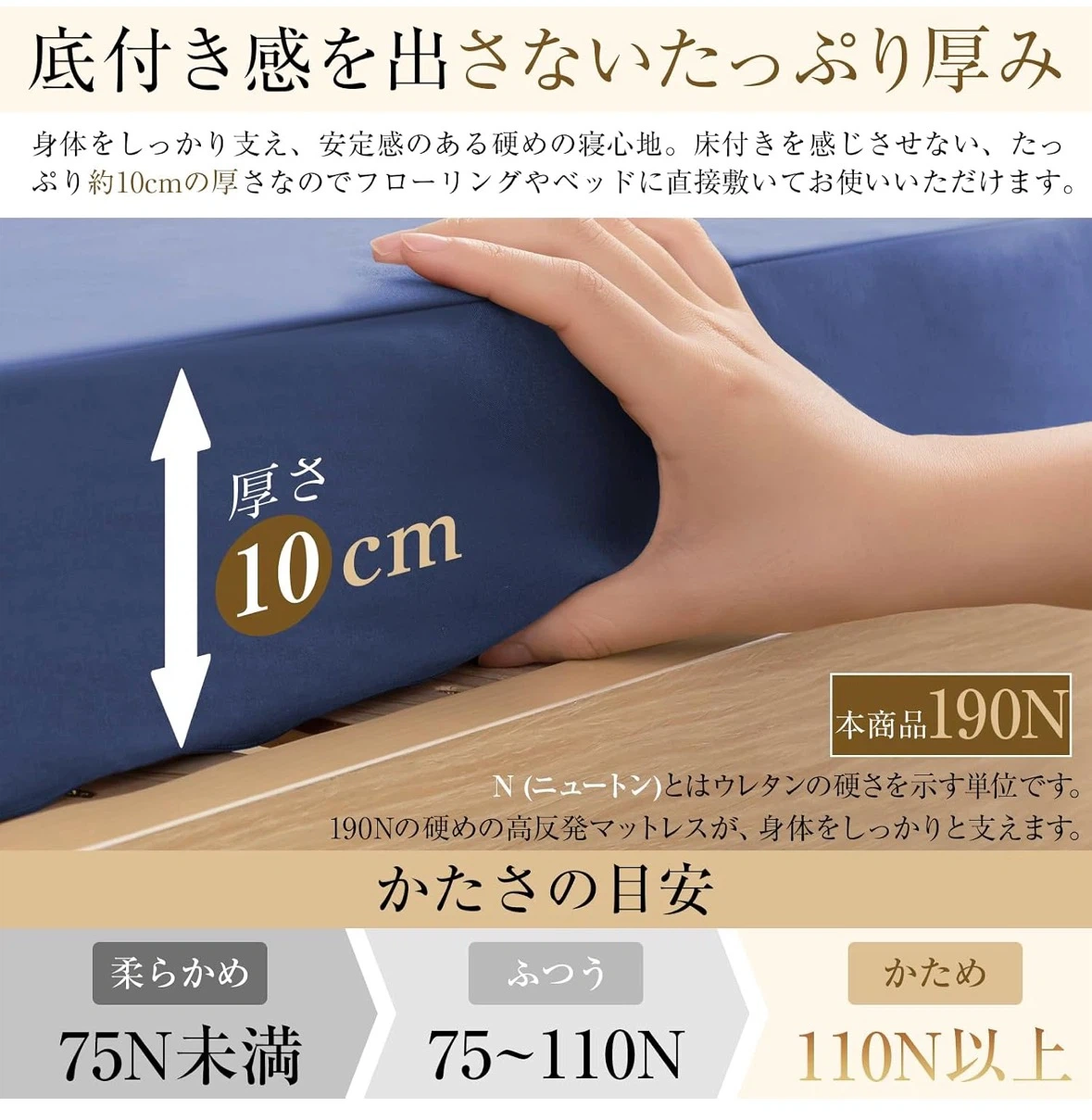 マットレス シングル 三つ折り 高密度24D 硬さ190N 極厚10cm 高反発の写真5枚目