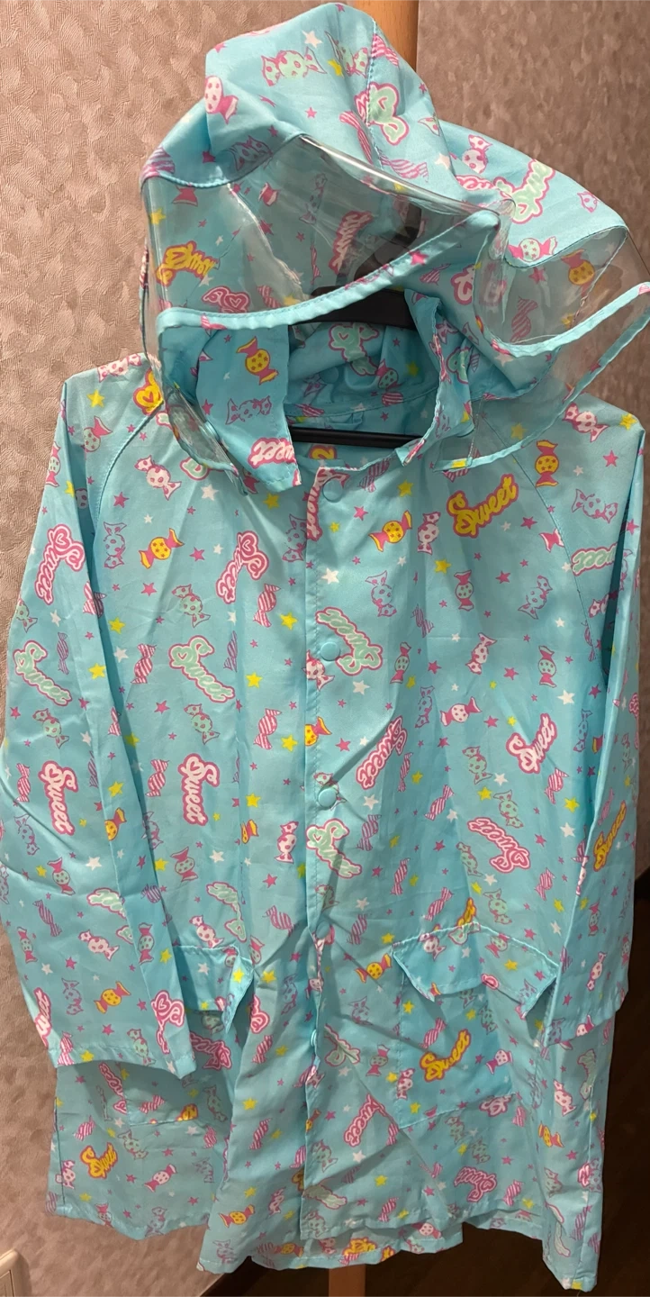 キッズ レインコート 120cm 水色 キャンディ柄