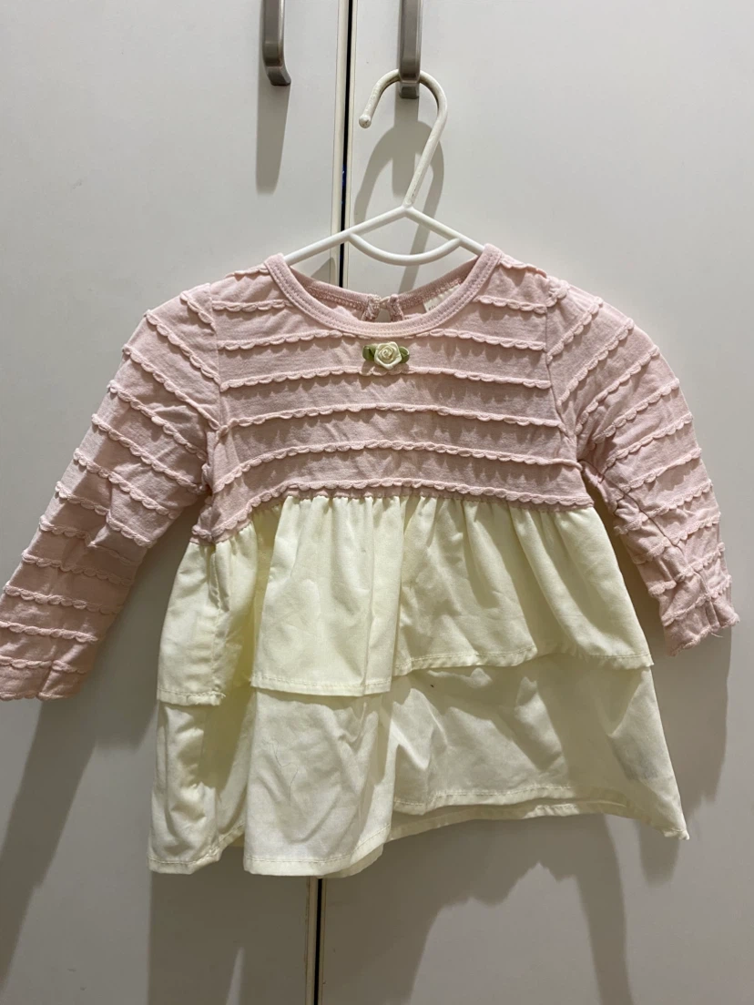 ベビー 長袖 チュニック ピンク×クリーム色