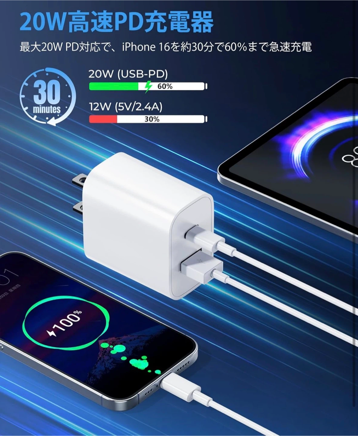 20W 急速充電器 USB-C&A 2ポートの写真3枚目