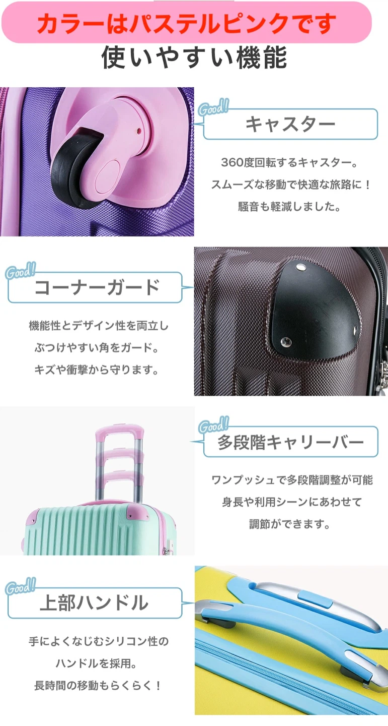 【未使用】 キャリーケース スーツケース/ Sサイズ 34L  / 1～3泊  ピンクx水色の写真6枚目
