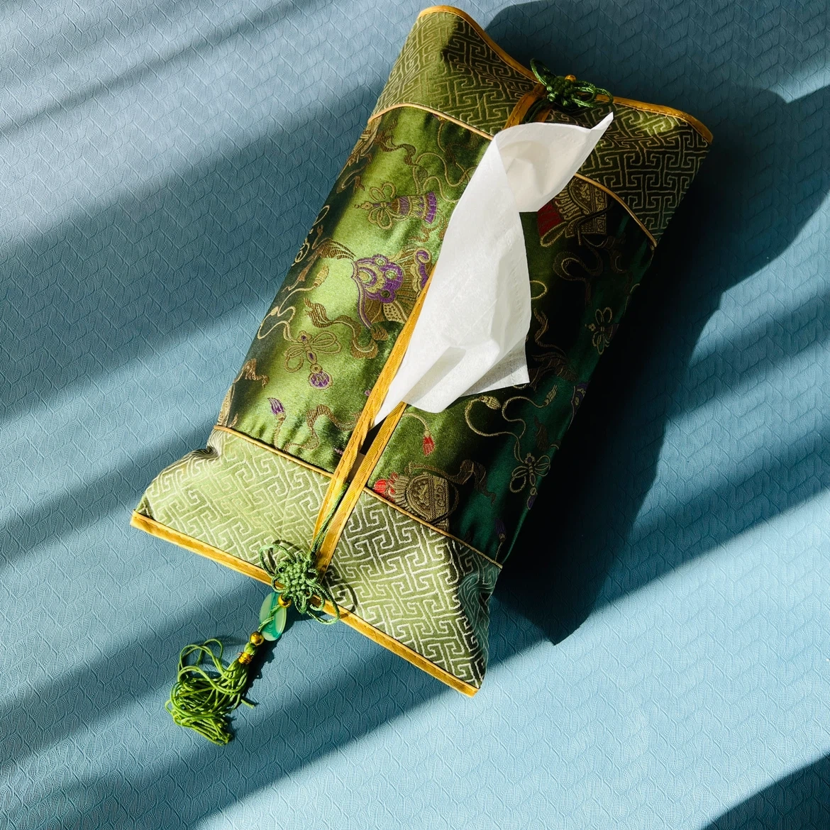 中国刺繍ティッシュケースカバー (緑、赤)