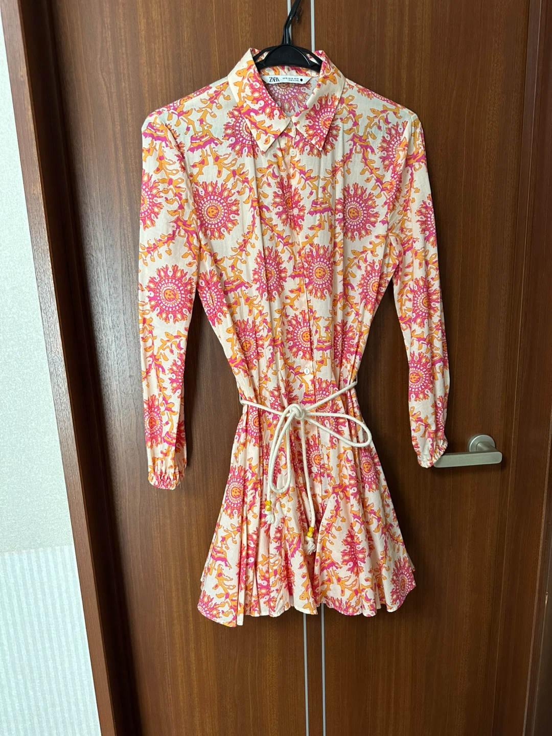 ザラ 総柄シャツワンピース ピンク オレンジ XS