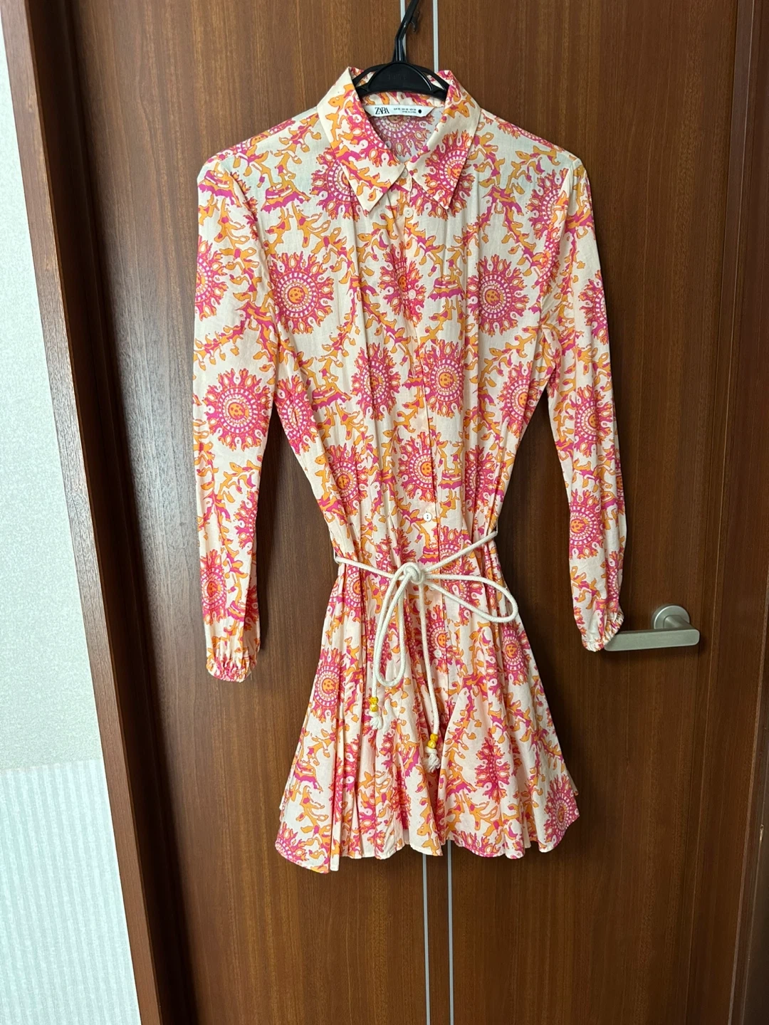 ザラ 総柄シャツワンピース ピンク オレンジ XS