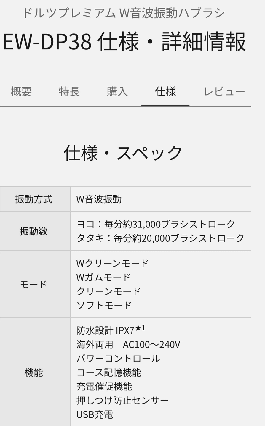 パナソニック ドルツ電動歯ブラシ EW-DP38ホワイトの写真8枚目