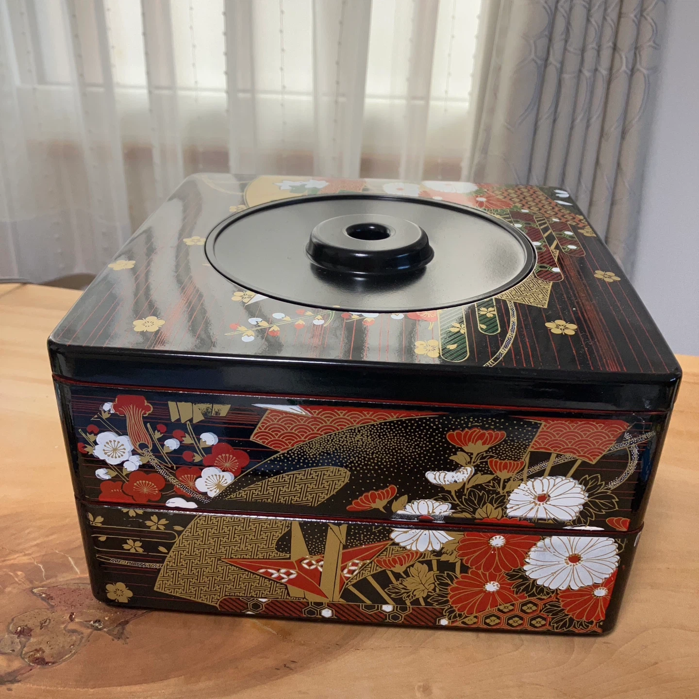 重箱 2段 漆器風 扇・花柄