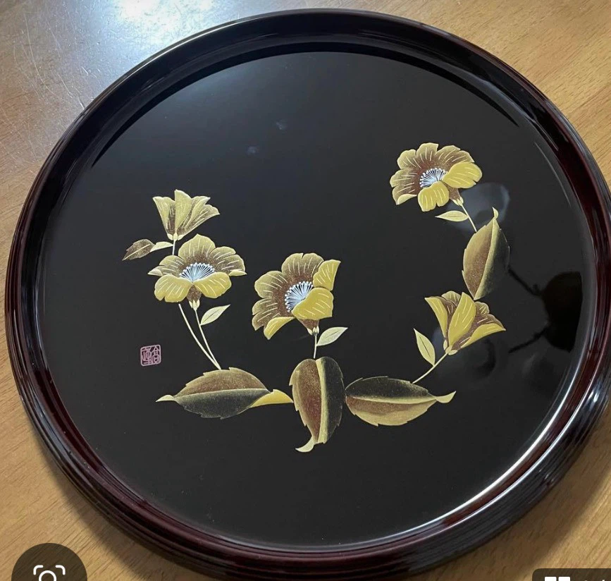 会津漆器 丸盆 山茶花 金彩蒔絵