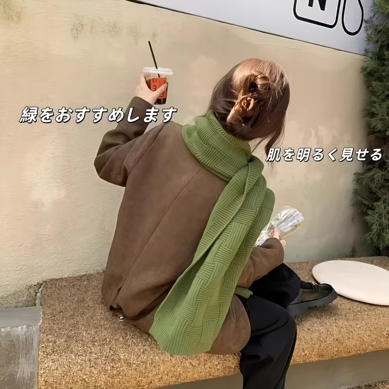 新品無地 ニットマフラー グリーンの写真4枚目