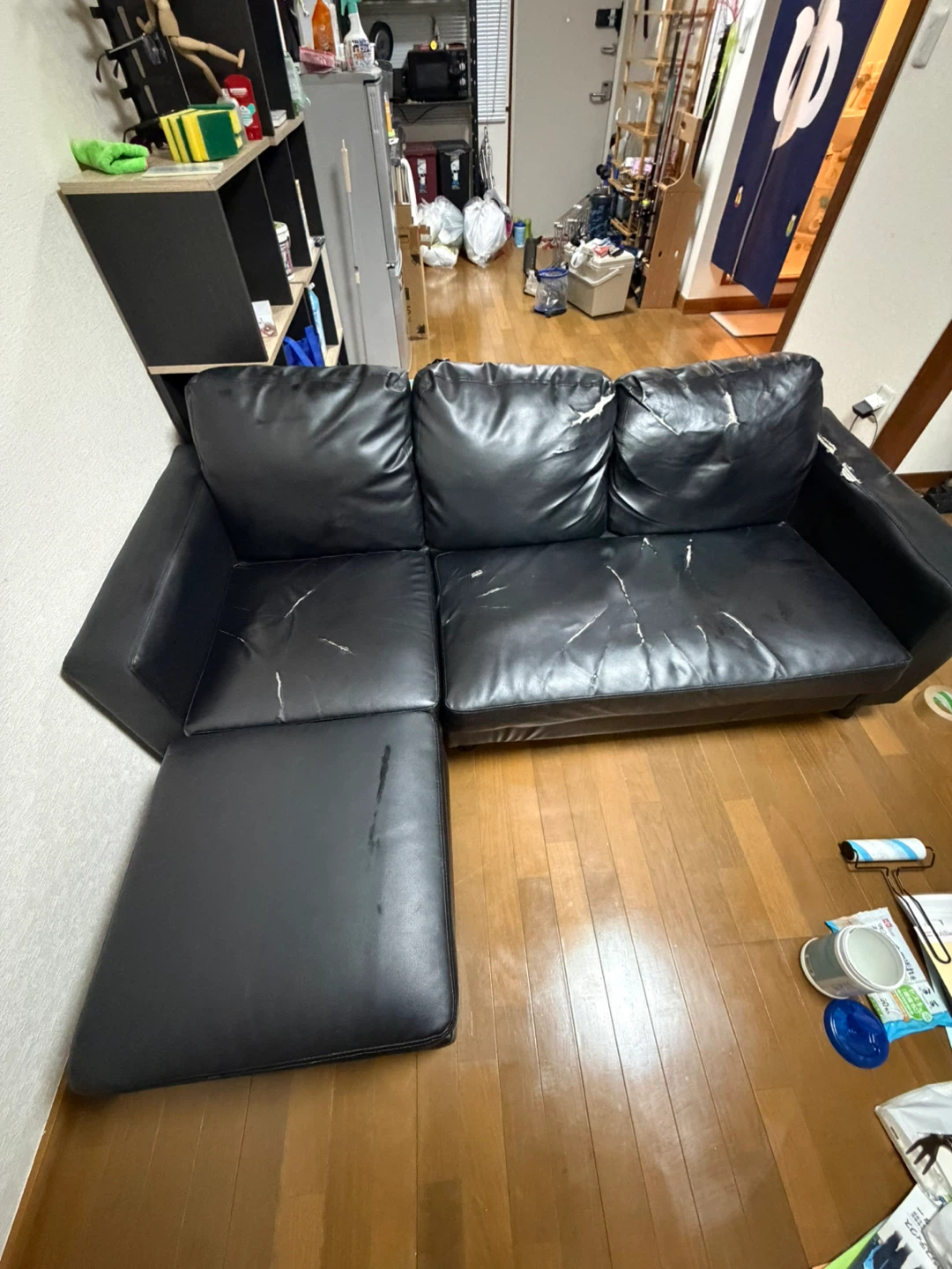 黒レザー調 カウチソファ L字型