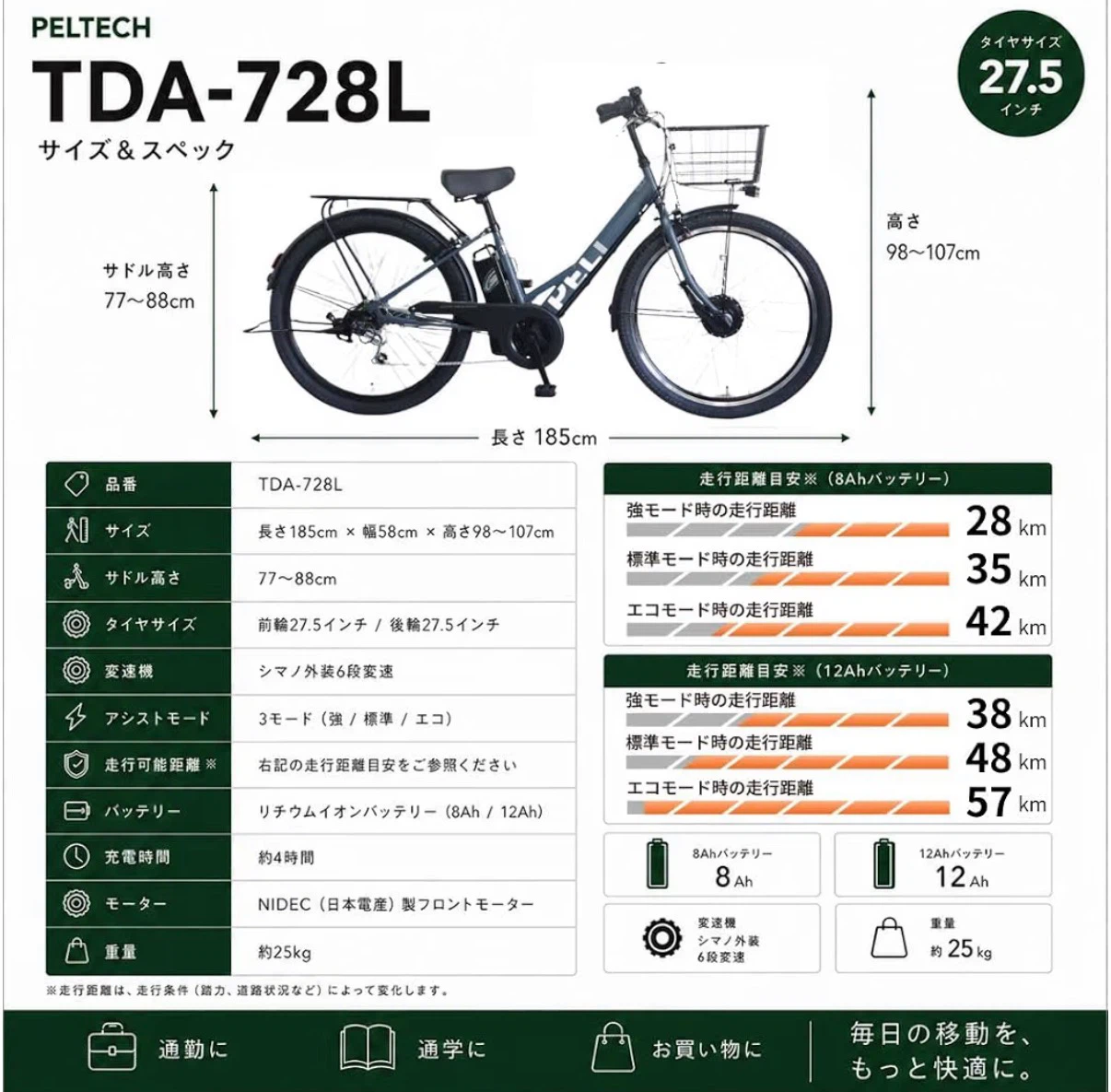 ペルテック 電動自転車 TDA-728Lの写真5枚目