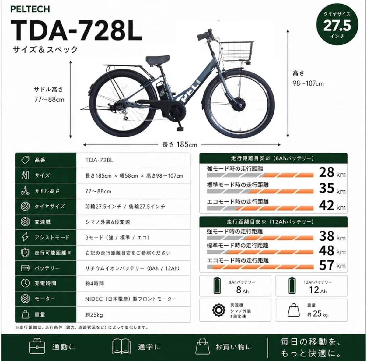 ペルテック 電動自転車 TDA-728Lの写真5枚目
