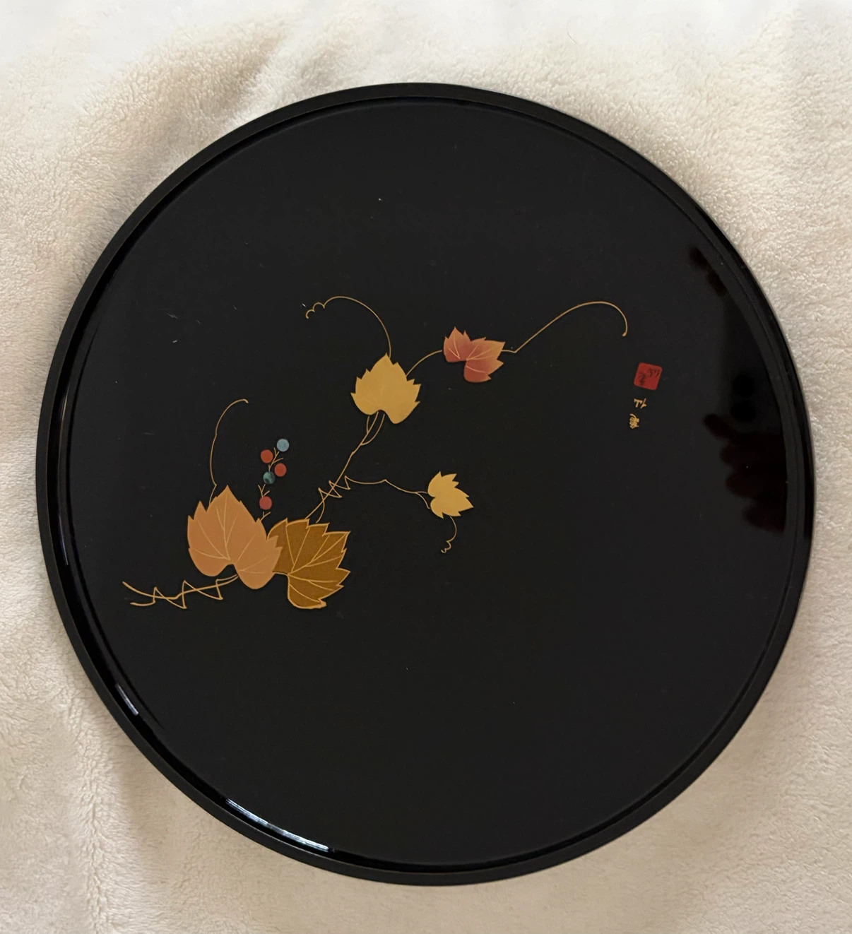 高級木製漆器 丸盆 つた