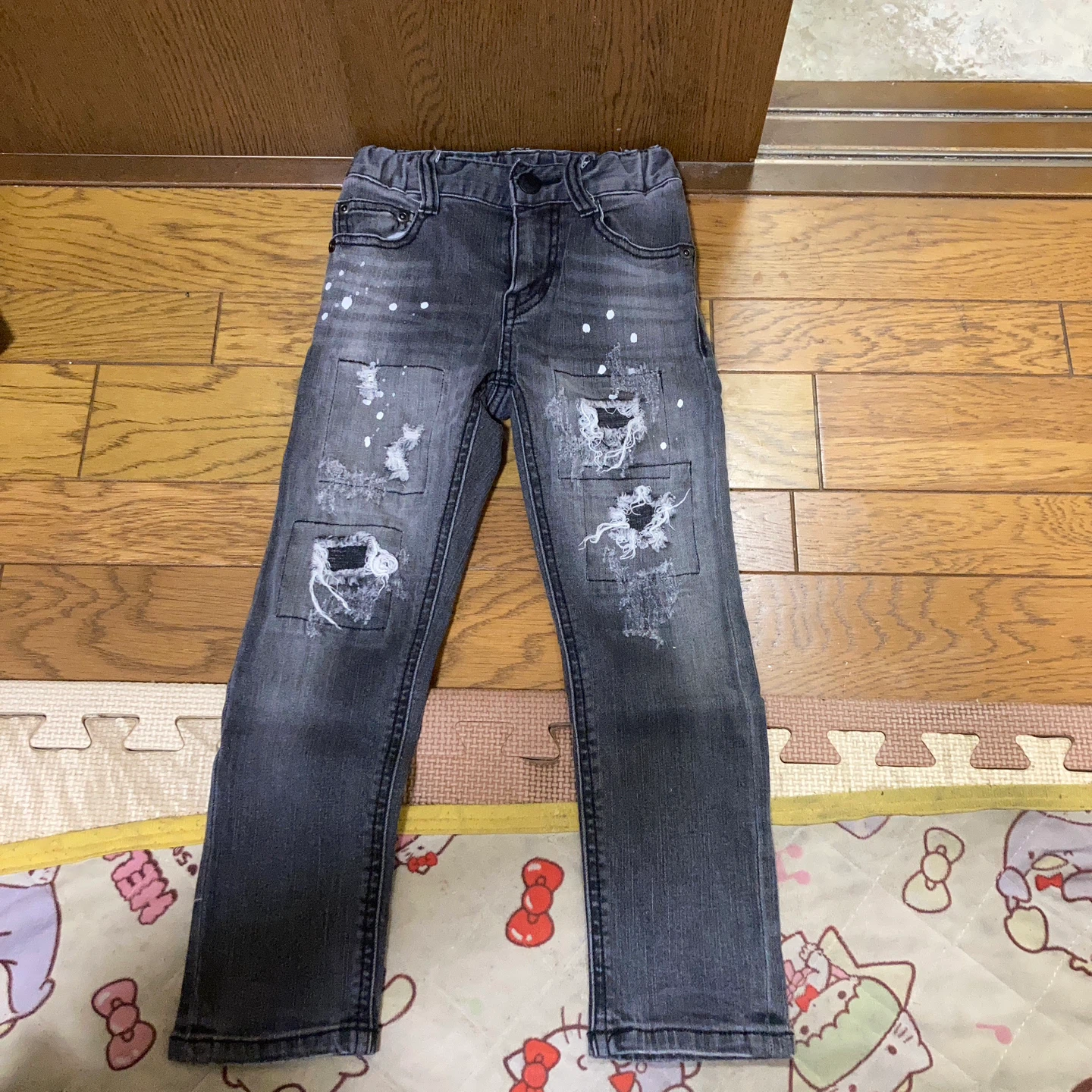 キッズ デニムパンツ ダメージ ブラック