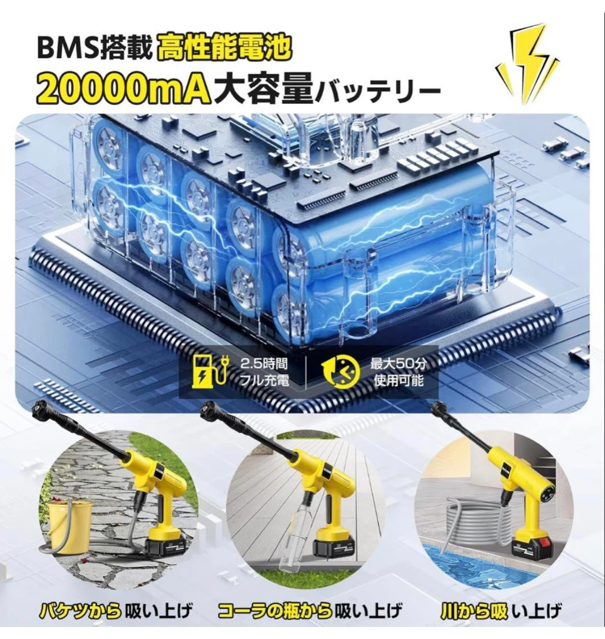 高圧洗浄機 コードレス バッテリー 洗車20000mA DJ802の写真7枚目
