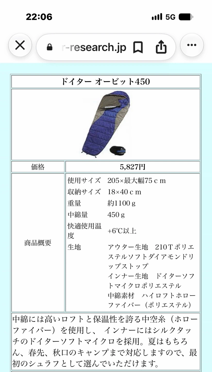 ドイター オービット450 寝袋 シュラフの写真3枚目