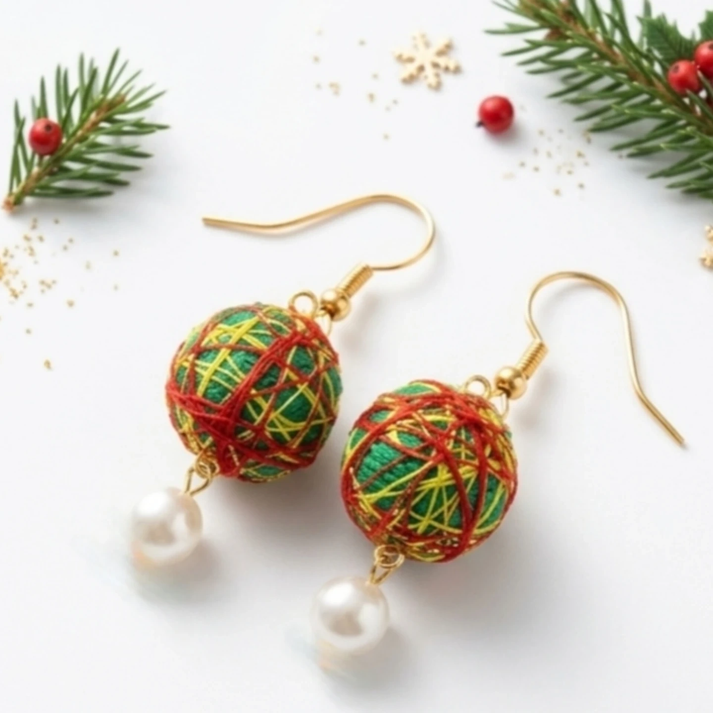 和風 手鞠風ピアス パール付(クリスマスカラー) ハンドメイド