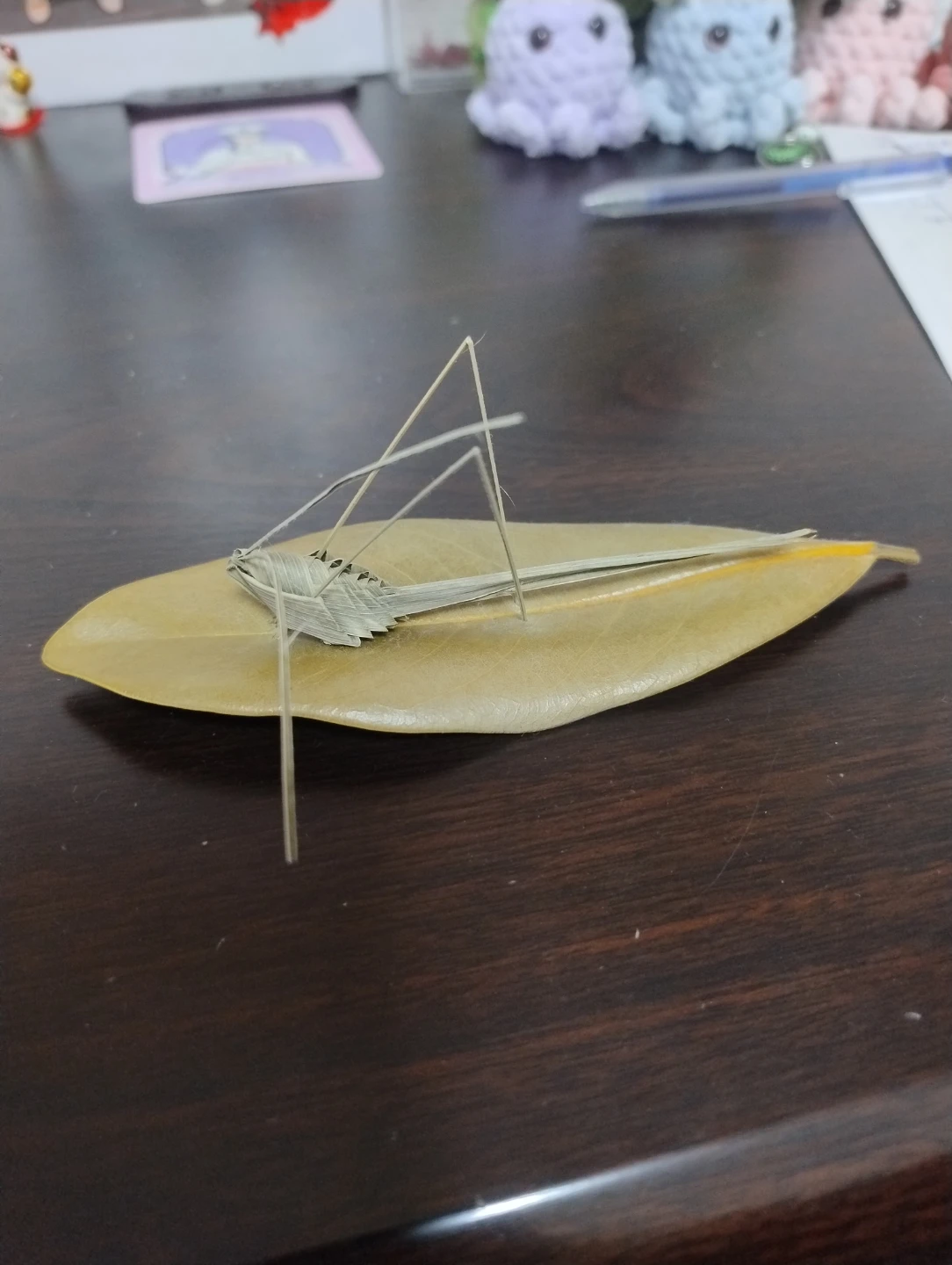 葉っぱで作ったバッタのアート