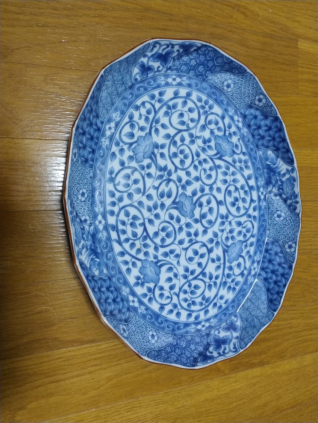 藍染調 花柄 楕円皿 陶器