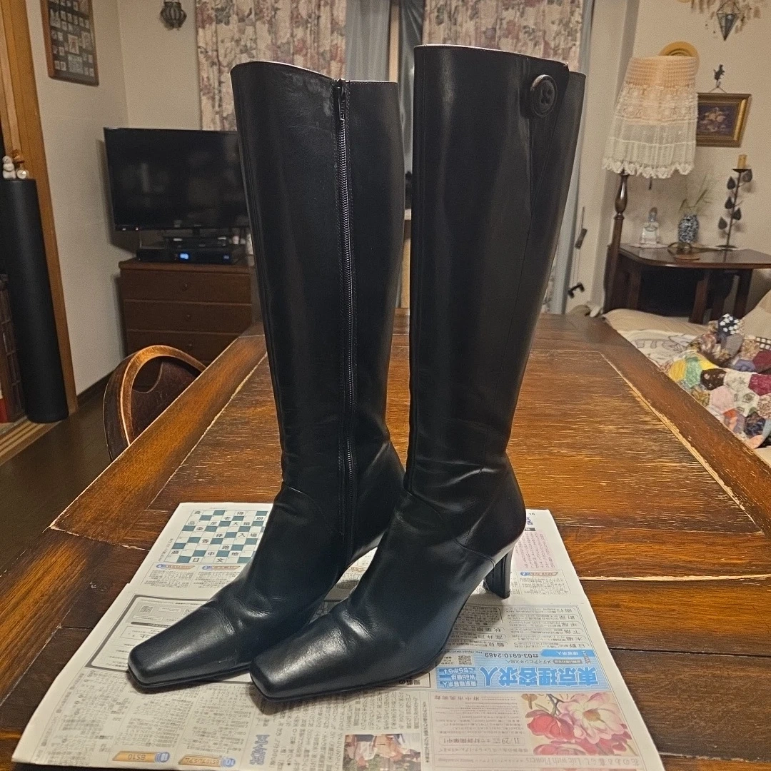 黒 ロングブーツ サイドジップ 難有り