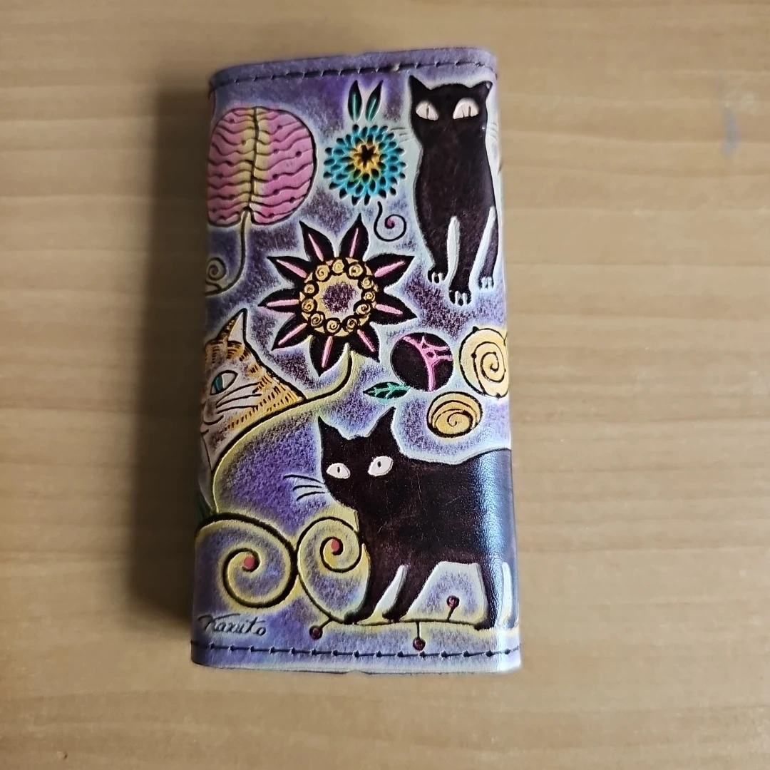 猫柄 本革 キーケース パープル ハンドメイド
