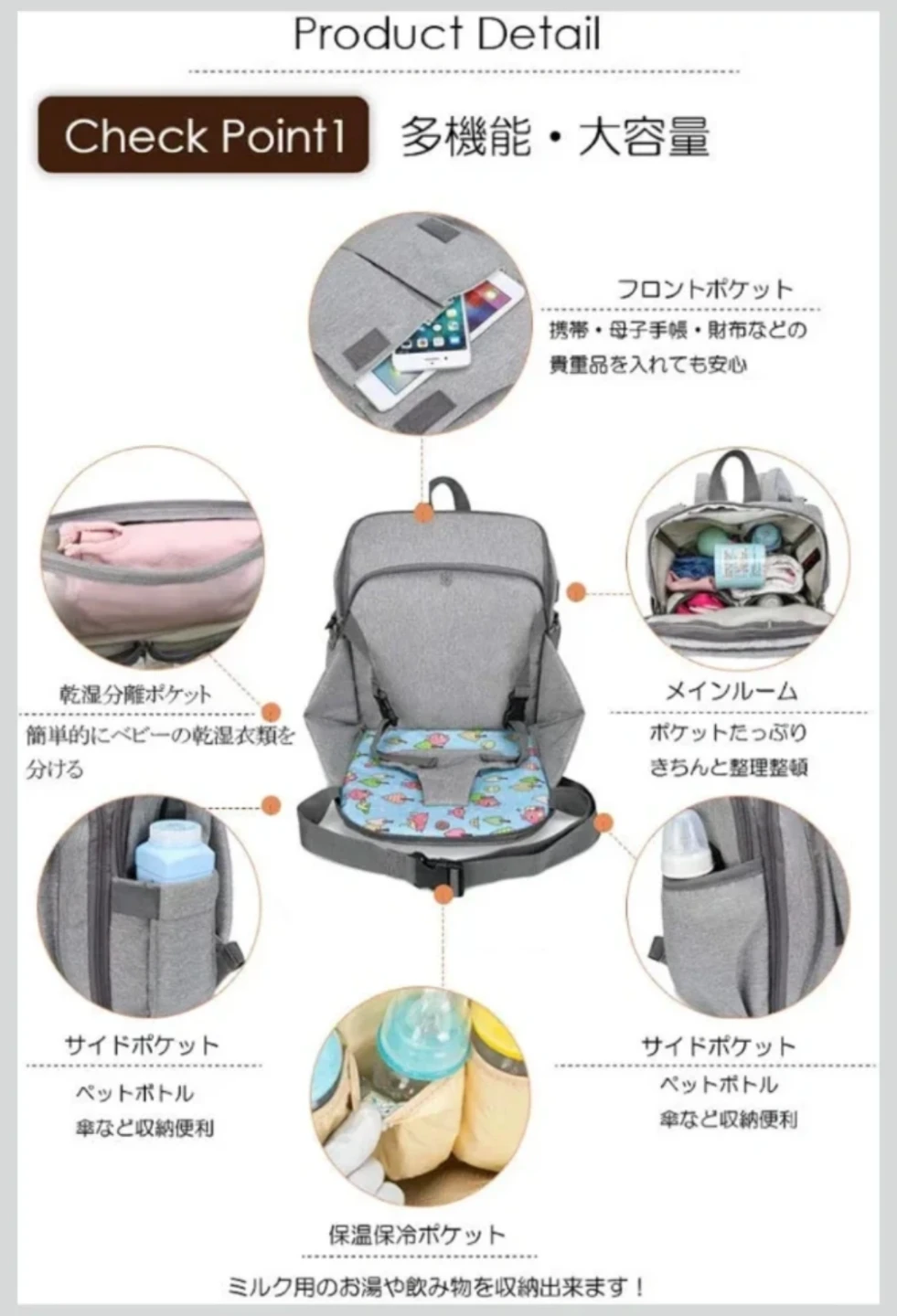 美品‎𖤐 ̖́-‬防水多機能マザーズバッグ･ベビーチェア取付の写真6枚目